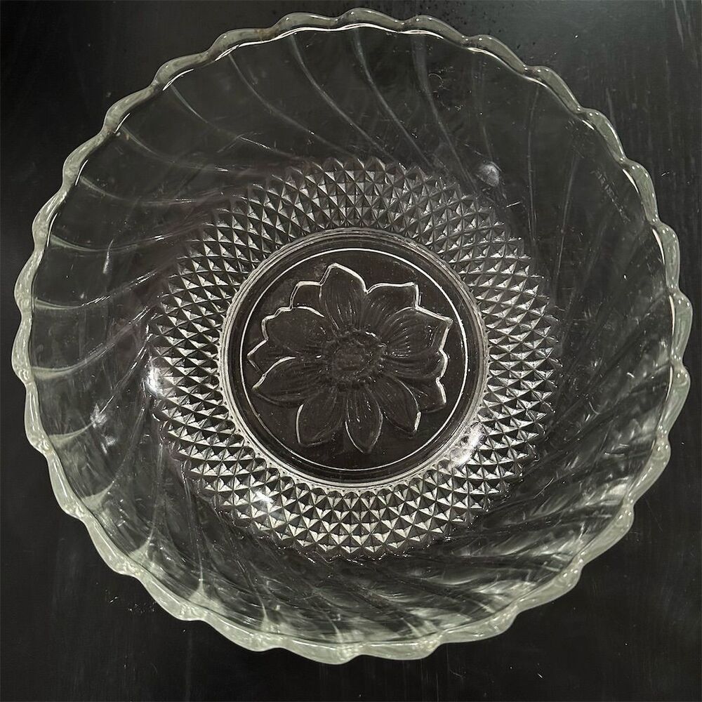 Vintage KIG Indonesia Clear Glass Bowl Floral Swirl Design 9" Round